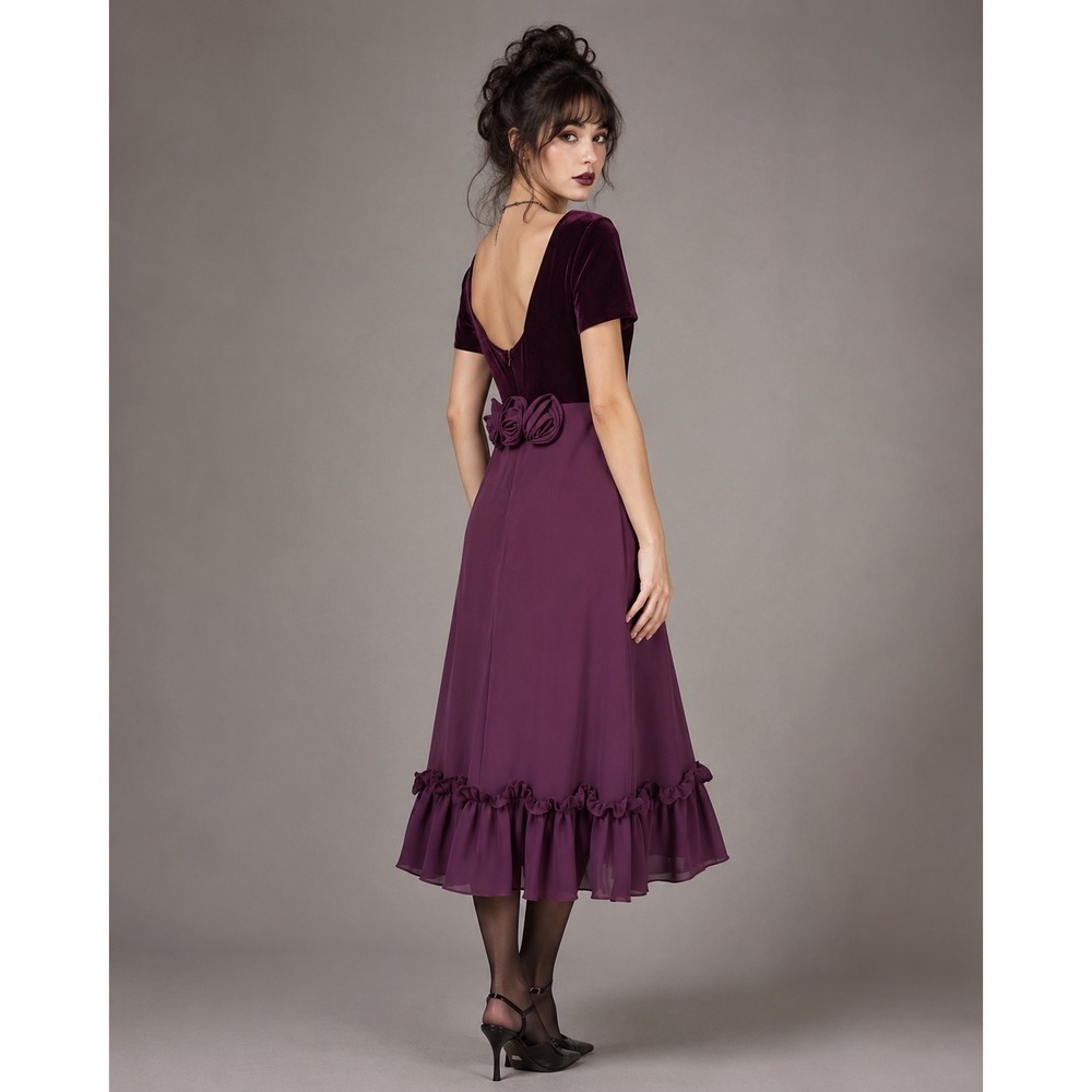 Plum Velvet 80s Midi Dress Vintage Dark Romantic Rosette Ruffle Hem Goth Formal